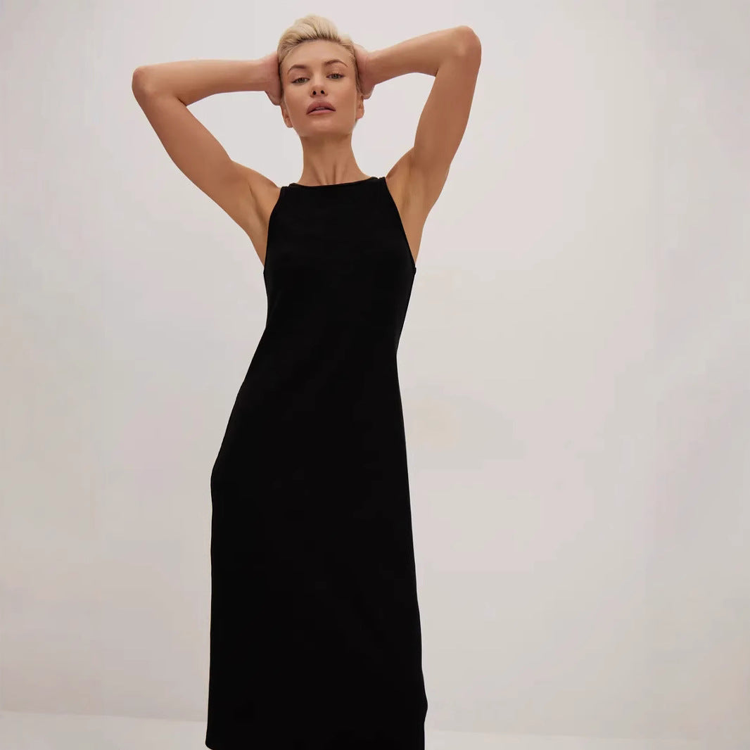 Women’s Midi Dress – Slim Fit – High Neck – Sleeveless – Satin Feel Elegant Wear