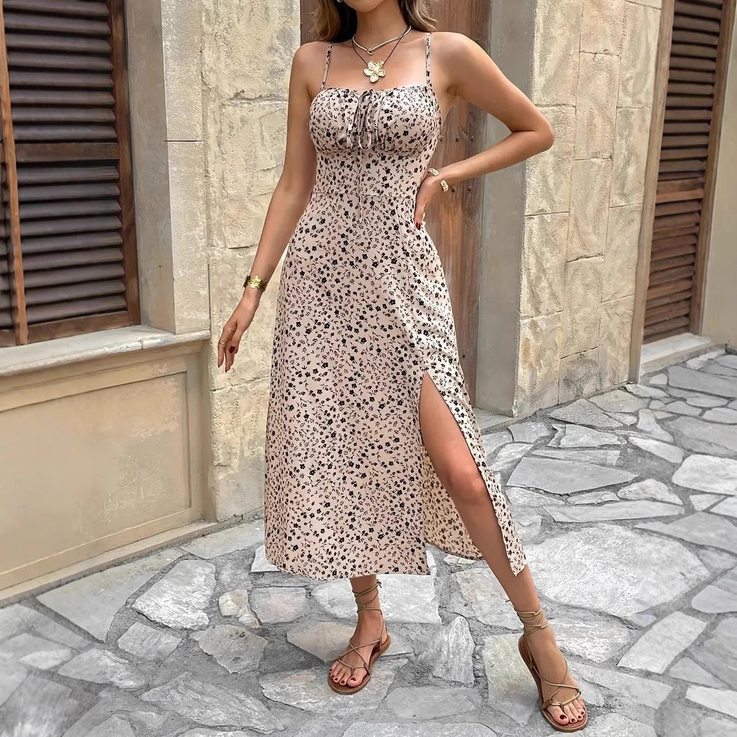 Women’s Midi Dress – Slim Fit – Ruched Bodice – Spaghetti Straps – Floral Print