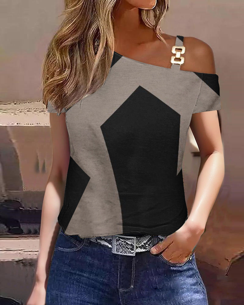 Women’s Short Sleeve Top – Relaxed Fit – One Shoulder – Cotton – Metal Button Detail