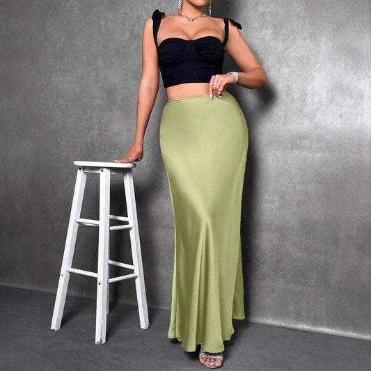 Women’s Maxi Skirt – Satin Fabric – Slim Fit – Flared Hem – Minimalist Design