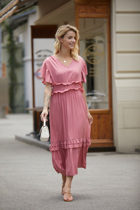 Women’s Maxi Dress – Flowing Fit – Ruffled Tiers – V-Neck – Flutter Sleeves – Breathable Blend