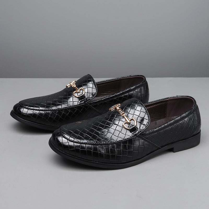 Men’s Loafers – Leather-Like Finish – Woven Texture – Slip-On – Metal Bit Detail