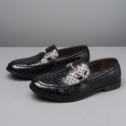 Men’s Loafers – Leather-Like Finish – Woven Texture – Slip-On – Metal Bit Detail
