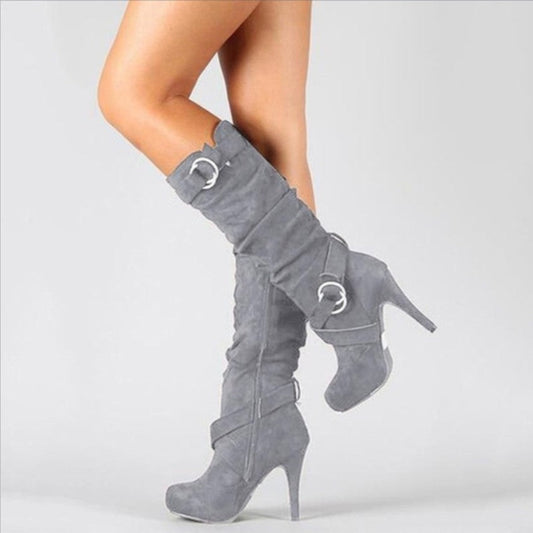 Women’s Knee-High Boots – Suede – Stiletto Heel – Buckle Strap – Slim Fit