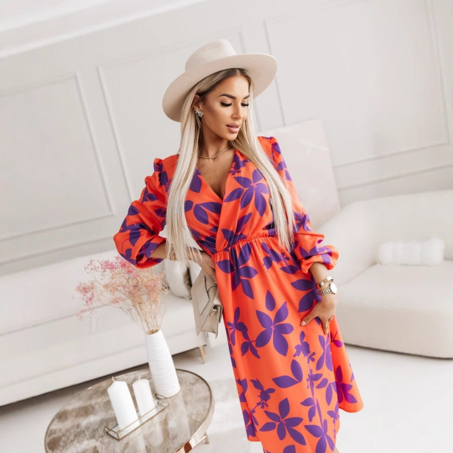 Women’s Midi Dress – Floral A-Line – V-Neck – Puff Sleeve – Cinched Waist – Lightweight