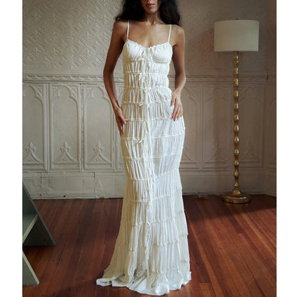 Women’s Evening Dress – Chiffon Feel – Spaghetti Straps – Ruched Bodice – Draped Skirt