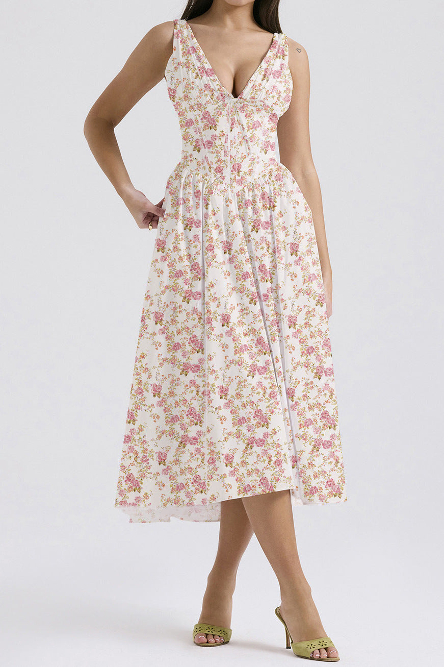 Women’s Midi Dress – Sleeveless V-Neck – A-Line Fit – Floral Print – Lightweight Fabric