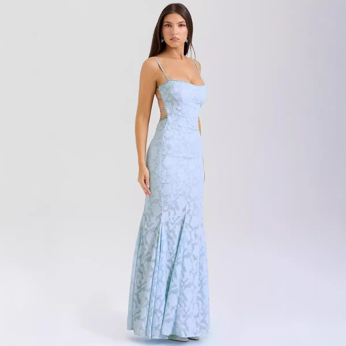 Women’s Maxi Dress – Slim Fit – Lace Detail – Spaghetti Straps – Formal Occasion Wear