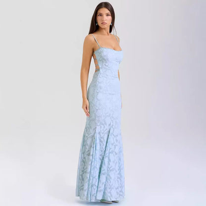 Women’s Maxi Dress – Slim Fit – Lace Detail – Spaghetti Straps – Formal Occasion Wear
