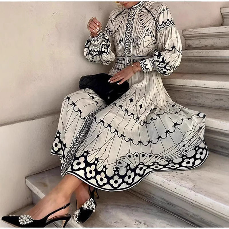 Women’s Midi Dress – Elegant Fit – Long Sleeve – Belted Waist – Button Front – Ornate Pattern