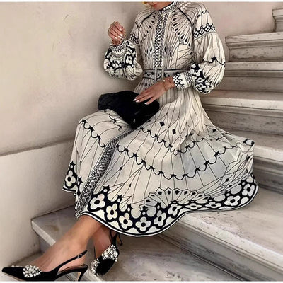 Women’s Midi Dress – Elegant Fit – Long Sleeve – Belted Waist – Button Front – Ornate Pattern
