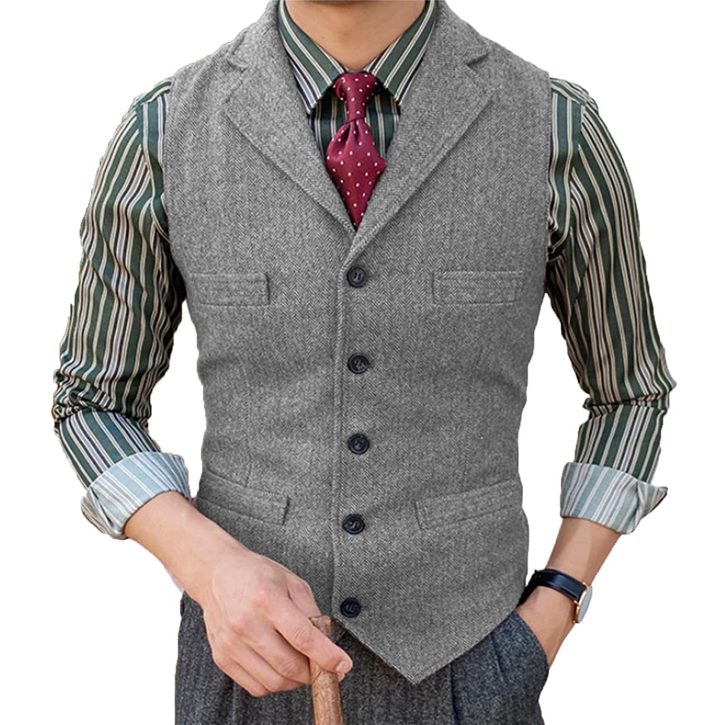 Men's lapel and herringbone pattern multi-pocket cardigan