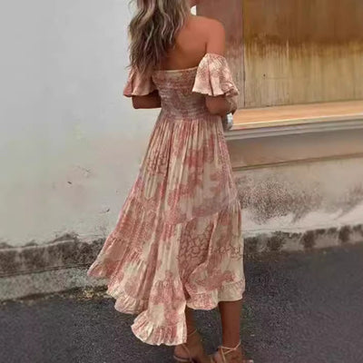 Women’s Off-Shoulder Midi Dress – Smocked Bodice – Ruffled Tiers – Lightweight Fit