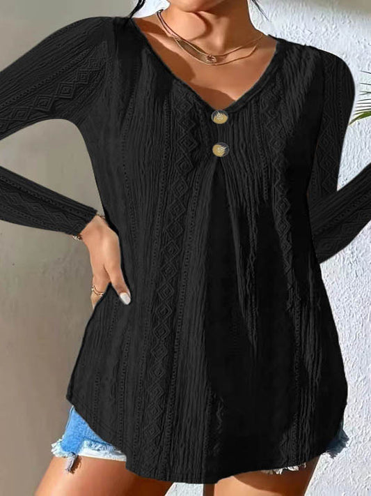 Women's Button Detail Long Sleeve Top - Casual V-Neck - Textured Knit