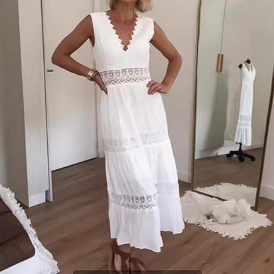 Women’s Midi Dress – Lightweight Fabric – Lace Detail – Sleeveless – Flared Fit