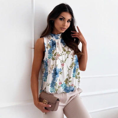 Women’s Sleeveless Blouse – Relaxed Fit – Floral Print – Gathered Neckline – Cotton Blend