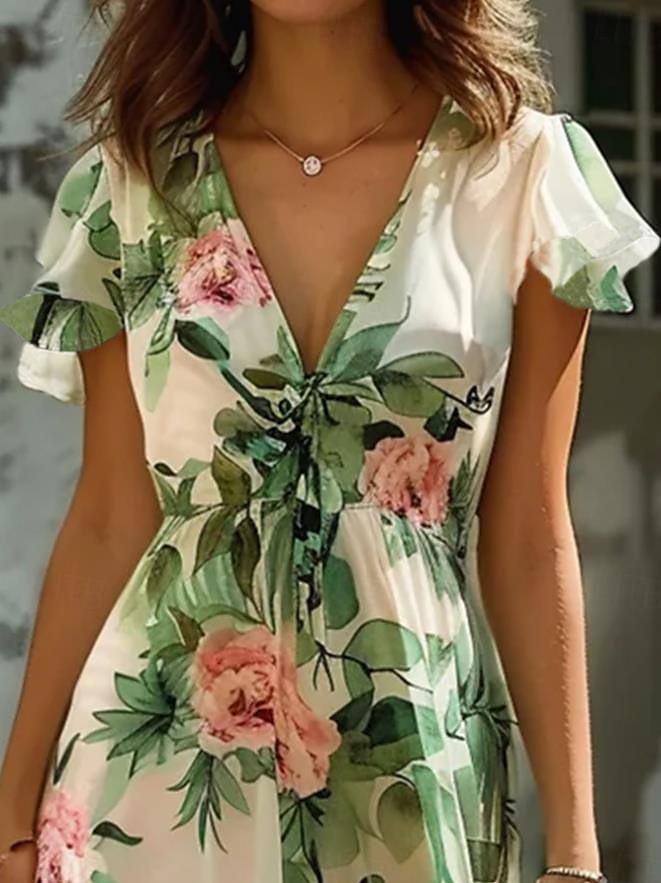 Women’s Midi Dress – Lightweight Chiffon – V-Neck – Ruffled Sleeves – Floral Print