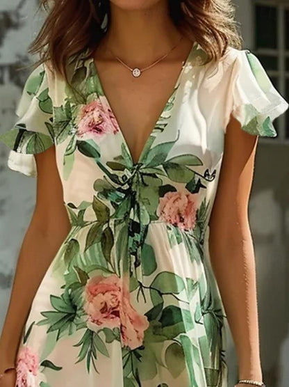 Women’s Midi Dress – Lightweight Chiffon – V-Neck – Ruffled Sleeves – Floral Print