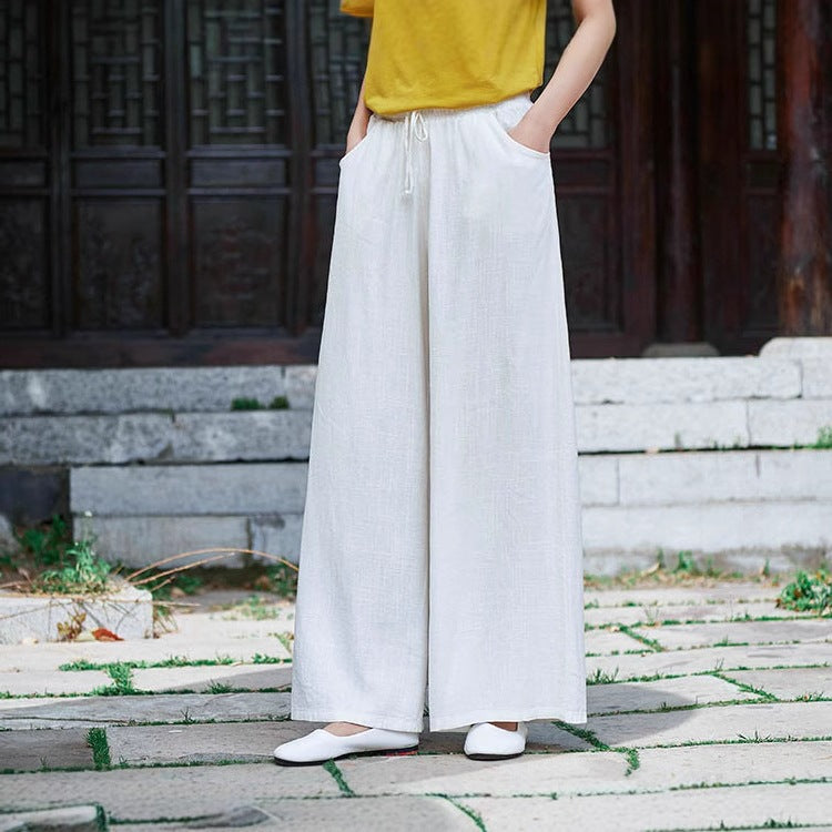 Women’s Wide-Leg Trousers – Cotton Linen Blend – Relaxed Fit – Drawstring Waist – Full Length