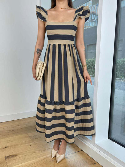 Women’s Midi Dress – Cotton Blend – Relaxed Fit – Off Shoulder – Striped – Ruffle Sleeve