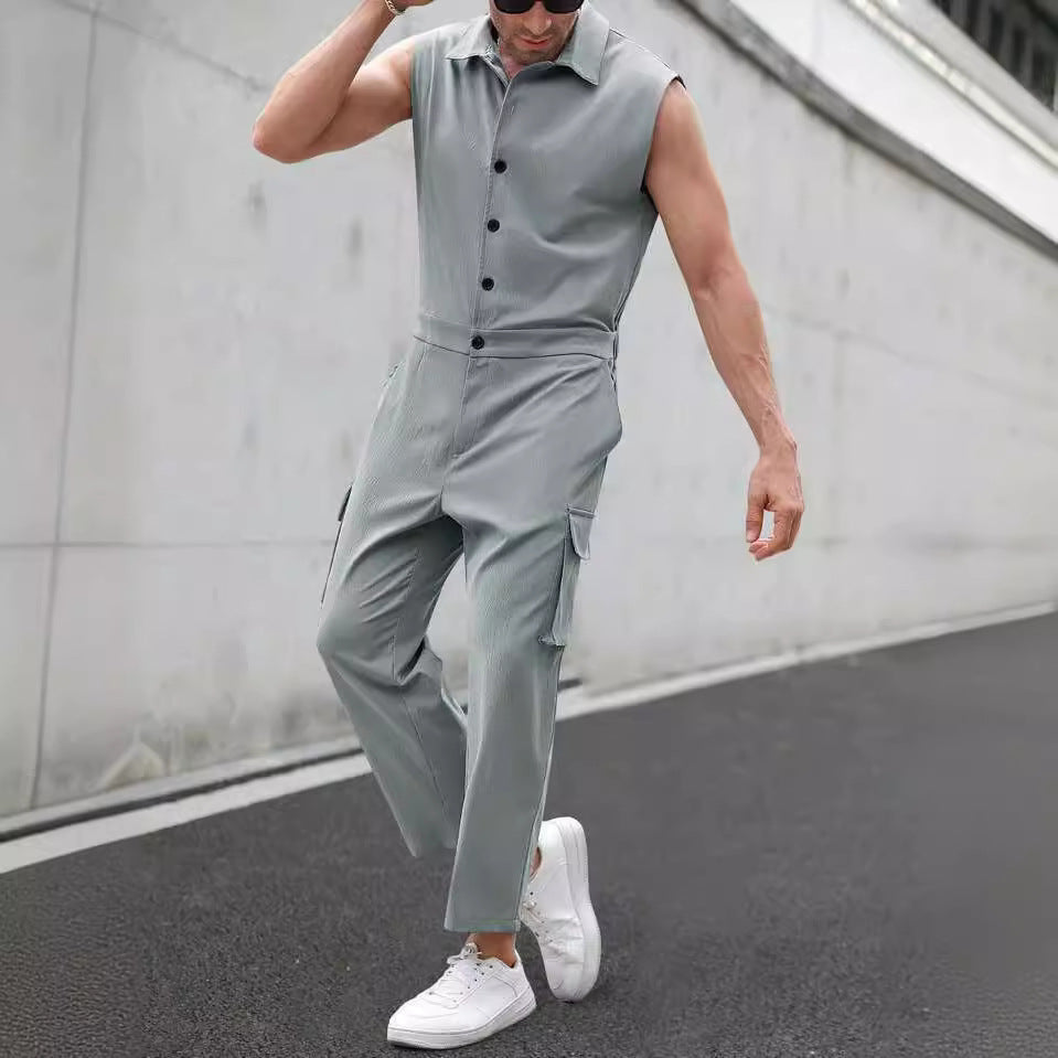 Men’s Jumpsuit – Slim Fit – Sleeveless Button-Up – Shirt Collar – Cargo Pockets