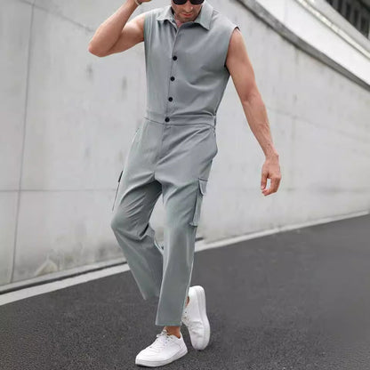 Men’s Jumpsuit – Slim Fit – Sleeveless Button-Up – Shirt Collar – Cargo Pockets