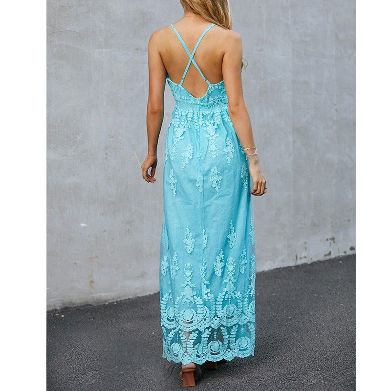 Women’s Maxi Dress – Elegant Fit – Deep V-Neck – Floral Embroidery – Luxury Fabric