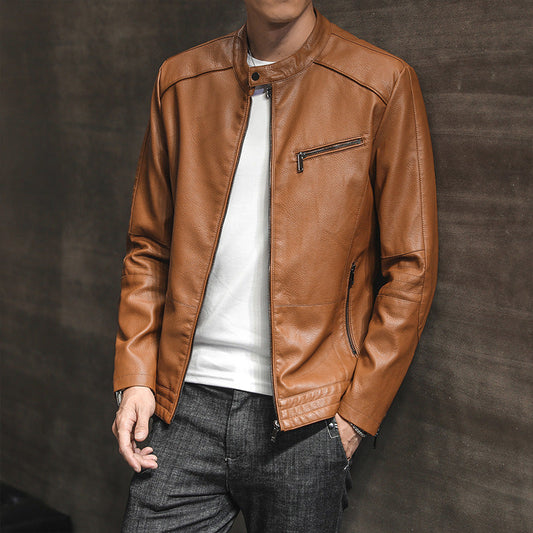 Men’s Biker Jacket – Slim Fit Leather – Stand Collar – Zippered Cuffs and Pockets