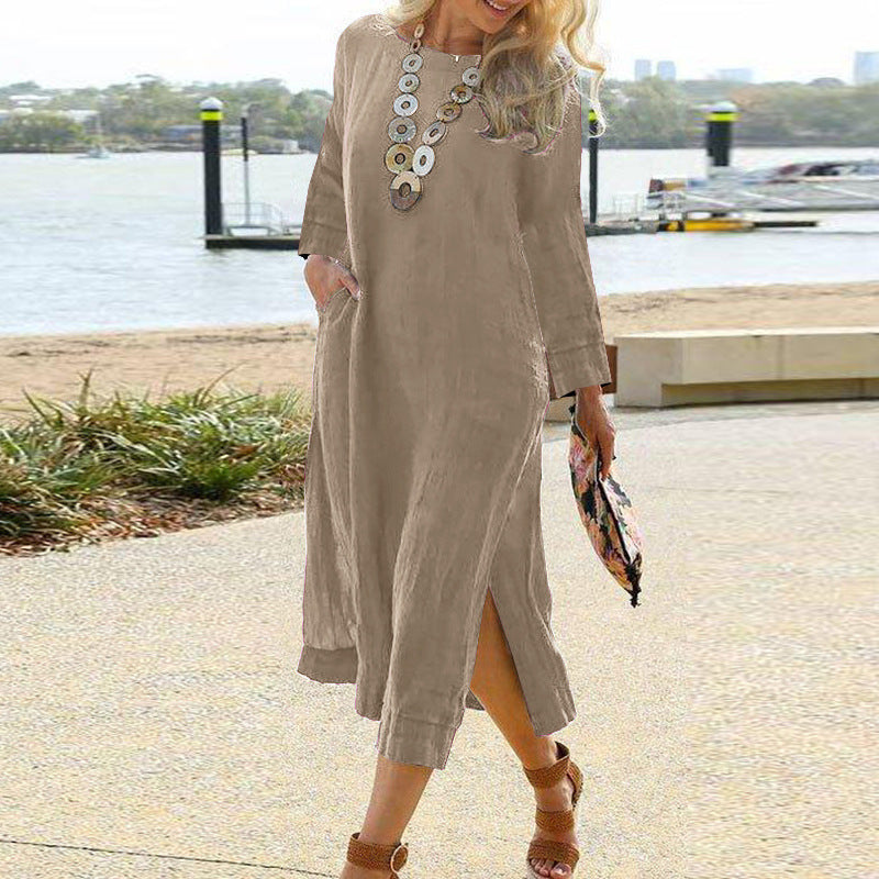 Women’s Shirt Dress – Relaxed Fit – Long Sleeve – Midi Length – Lightweight Woven – Pockets