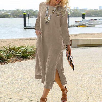 Women’s Shirt Dress – Relaxed Fit – Long Sleeve – Midi Length – Lightweight Woven – Pockets