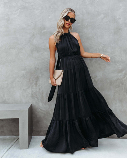 Women’s Halter Dress – Lightweight Cotton Blend – Tiered Skirt – Cinched Waist Fit