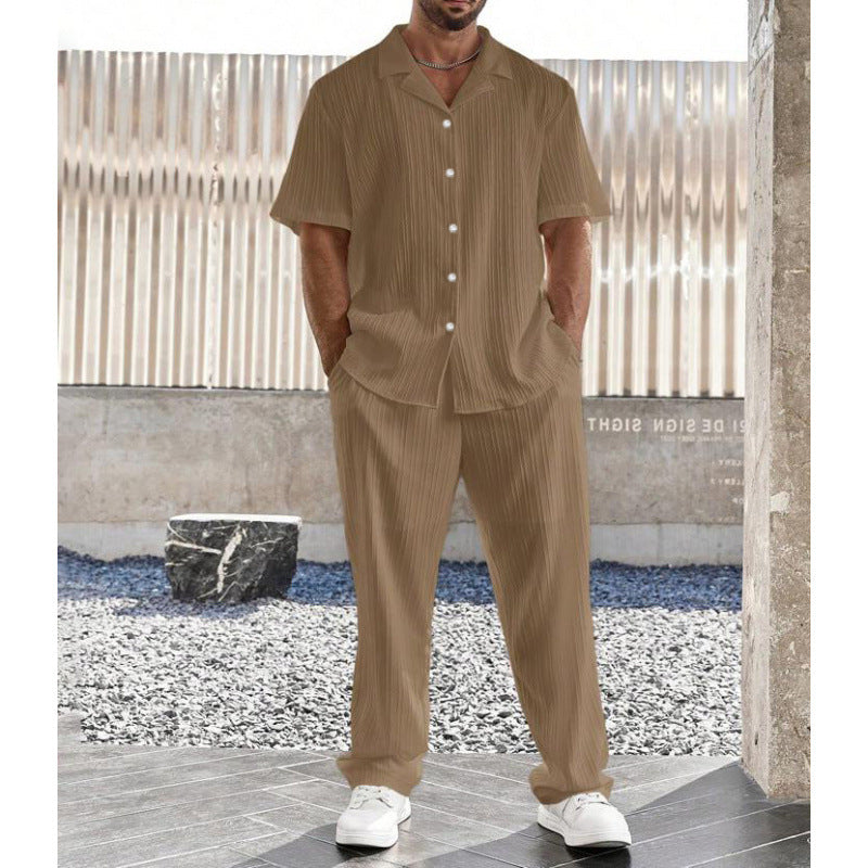Men’s Casual Set – Lightweight Button-Up Shirt & Straight Leg Trousers – Relaxed Fit
