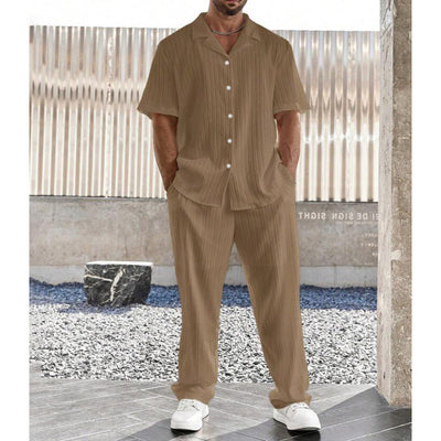 Men’s Casual Set – Lightweight Button-Up Shirt & Straight Leg Trousers – Relaxed Fit