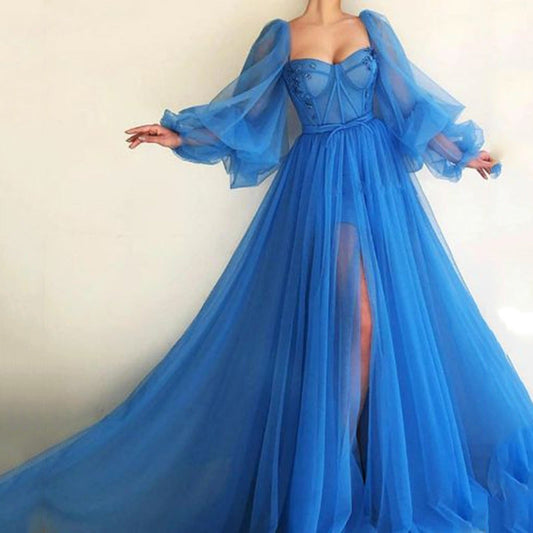 Women’s Evening Dress – Sheer Tulle – Sweetheart Neckline – Voluminous Sleeves – Side Slit