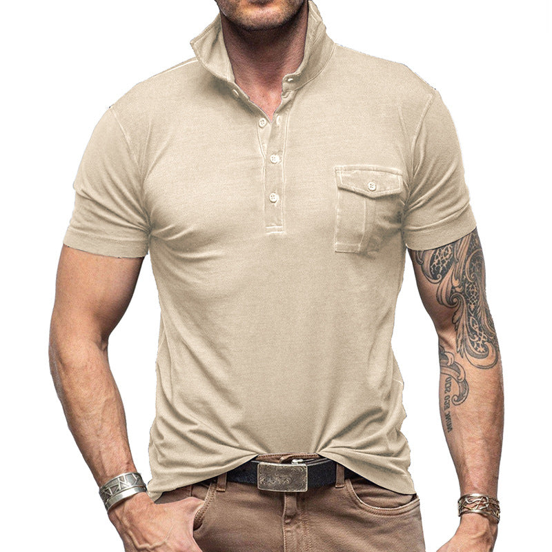 Men’s Polo Shirt – Slim Fit – Stand Collar – Buttoned Pocket – Cotton