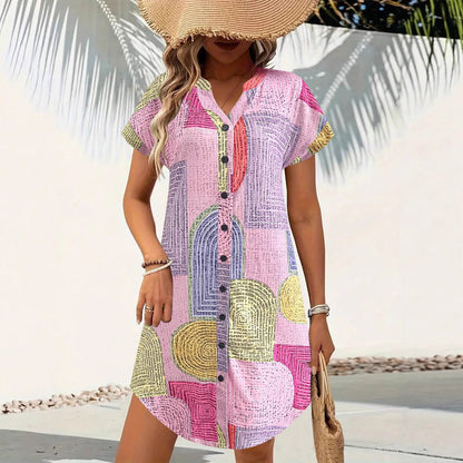 Women’s Dress – V-Neck Button Front – Flowy Cut – Short Sleeve – Geometric Print
