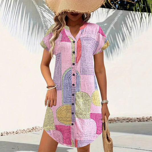 Women’s Dress – V-Neck Button Front – Flowy Cut – Short Sleeve – Geometric Print