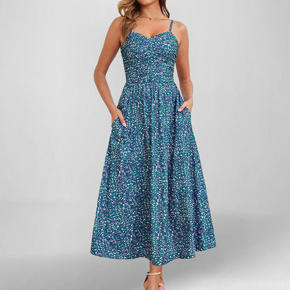 Women’s Sundress – A-Line Midi – Spaghetti Straps – Floral Print – Pockets – Cotton Blend