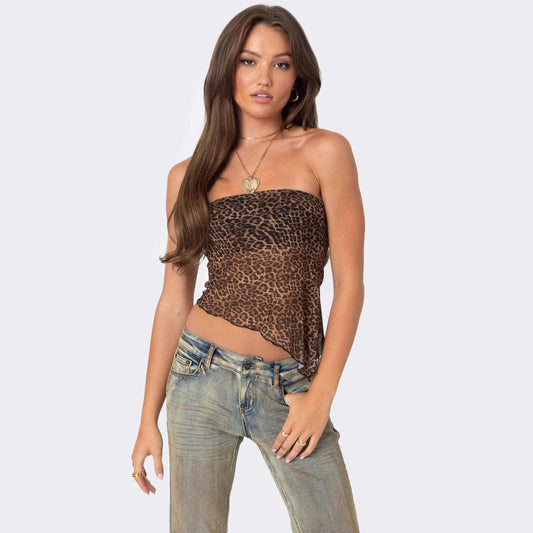 Women’s Tube Top – Animal Print – Slim Fit – Strapless Cropped Asymmetric Hem