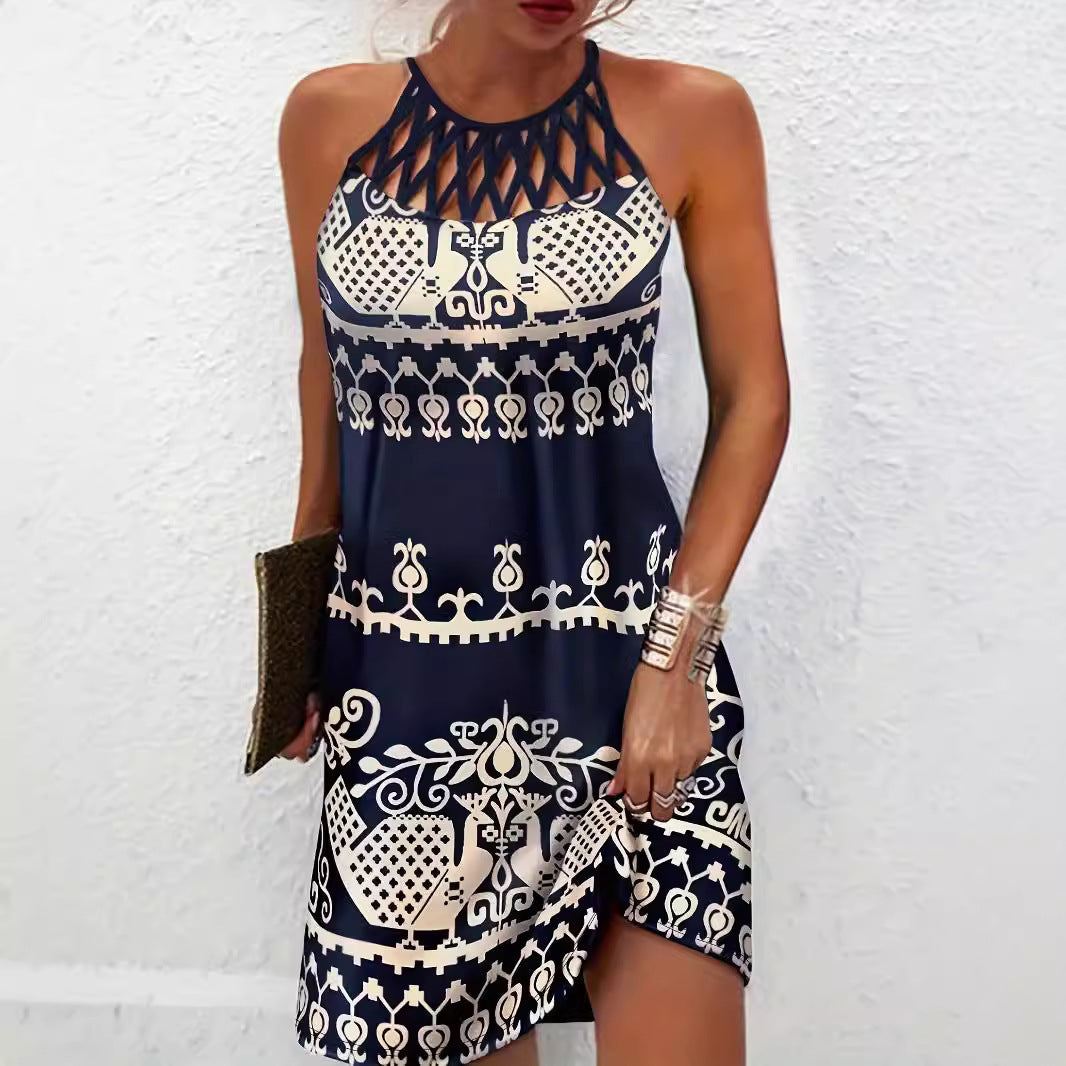 Women’s Halter Neck Dress – Slim Fit – Cut-Out Neckline – Leaf Print – Mini Length