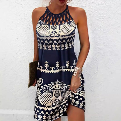 Women’s Halter Neck Dress – Slim Fit – Cut-Out Neckline – Leaf Print – Mini Length