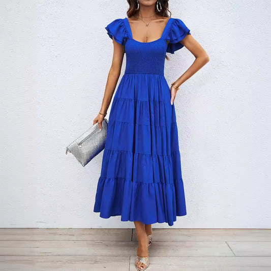 Women’s Maxi Dress – Smocked Bodice – Ruffled Straps – Tiered A-Line – Breathable Blend