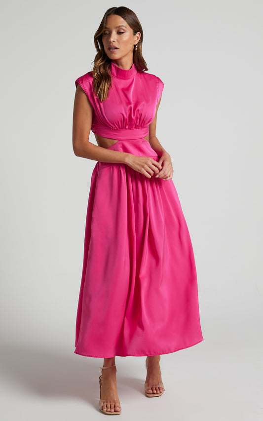 Women's Summer Stand Collar Mid Dress - Waist-Baring Design - Macaron Color