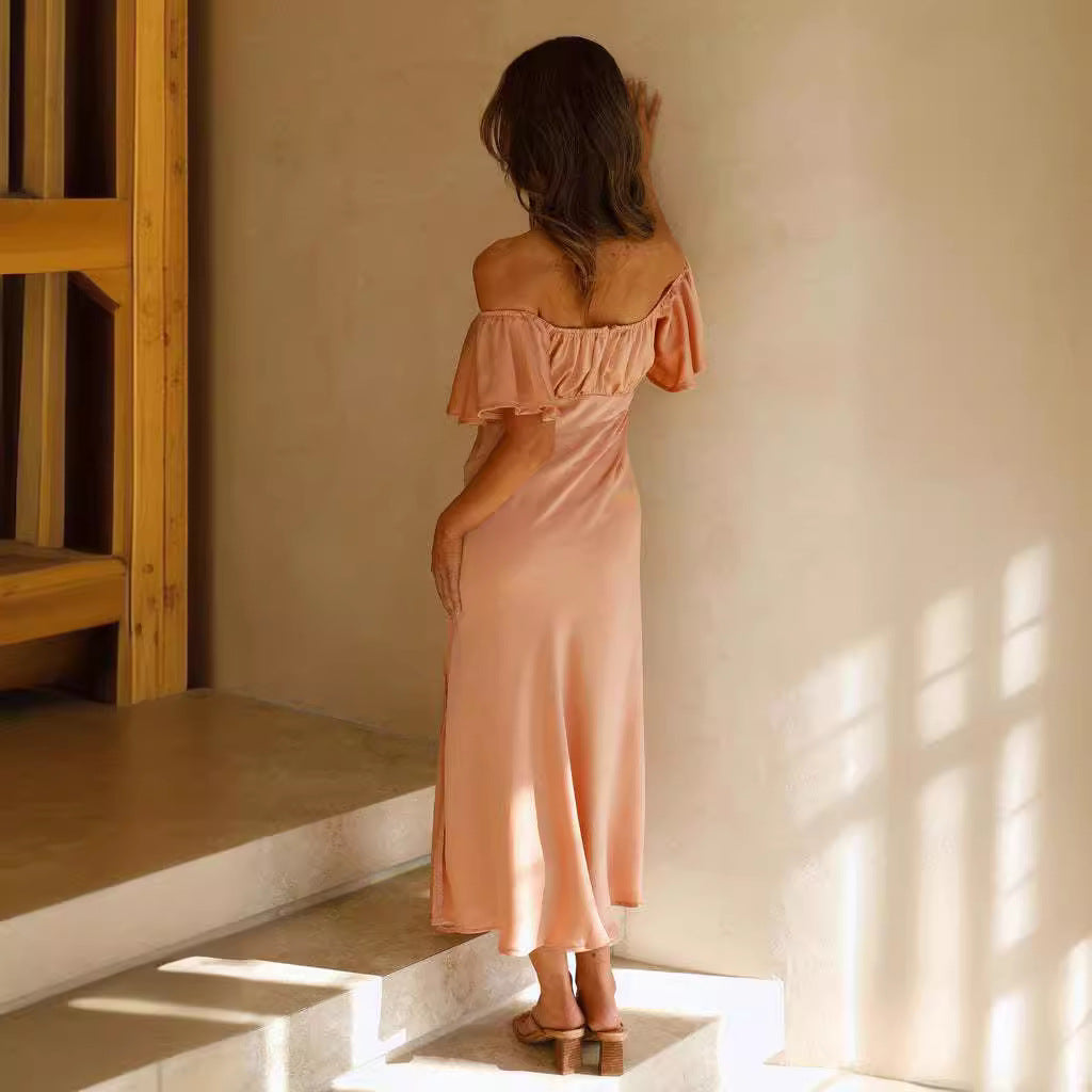 Women’s Midi Dress – Satin Feel – Slim Fit – Off Shoulder – V-Back – Side Slit