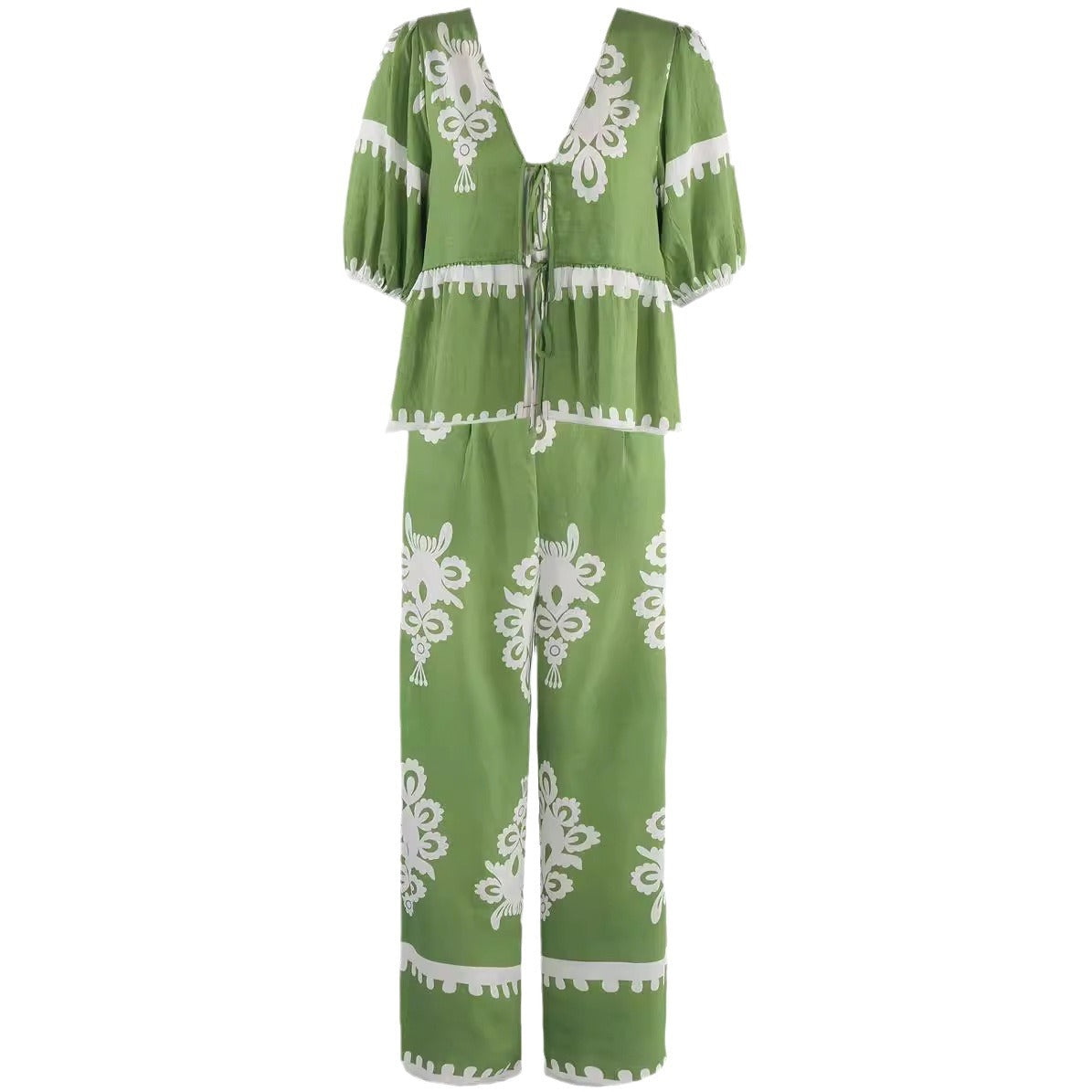 Women's Two-Piece Set – Lightweight Relaxed Fit Tie-Front Top and Wide-Leg Trousers