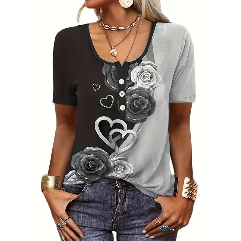 Women’s T-Shirt – Relaxed Fit – Scoop Neck with Buttons – Floral Heart Print
