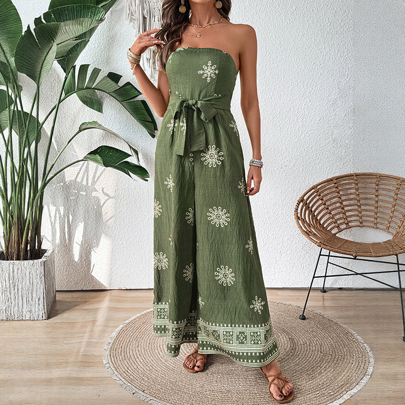 Women’s Strapless Jumpsuit – Cotton Linen Blend – Wide Leg – Self-Tie Waist – Printed Hem