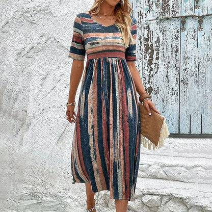 Women's Striped Midi Dress - Short Sleeves - Bohemian Style