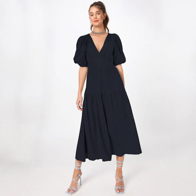 Women’s Midi Dress – Lightweight Fabric – Deep V-Neck – Puff Sleeves – Tiered Skirt