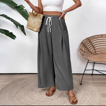 Women’s Wide-Leg Pants – Lightweight Breathable Fabric – Drawstring Waist – Full Length